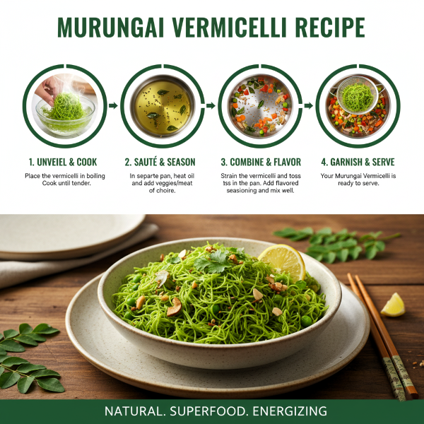 image explaning how to cook magizham murungai Vermicelli in four step process.