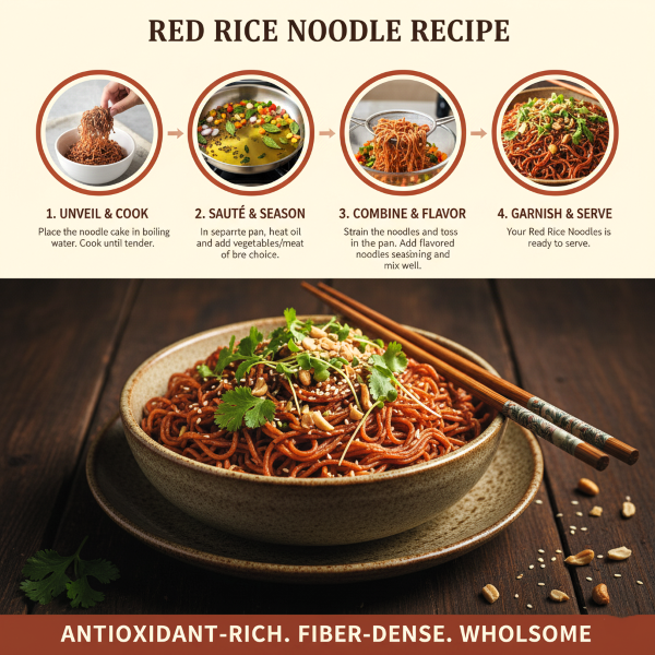 image explaning how to cook magizham red rice noodles in four step process