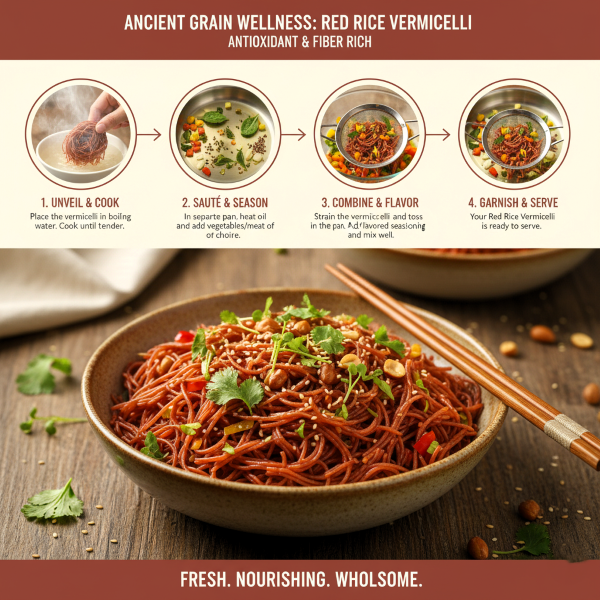 RED RICE VERMICELLI. image explaning how to cook magizham red rice Vermicelli in four step process.