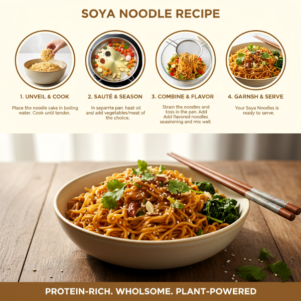 SOYA NOODLE image explaning how to cook magizham soya noodles in four step process