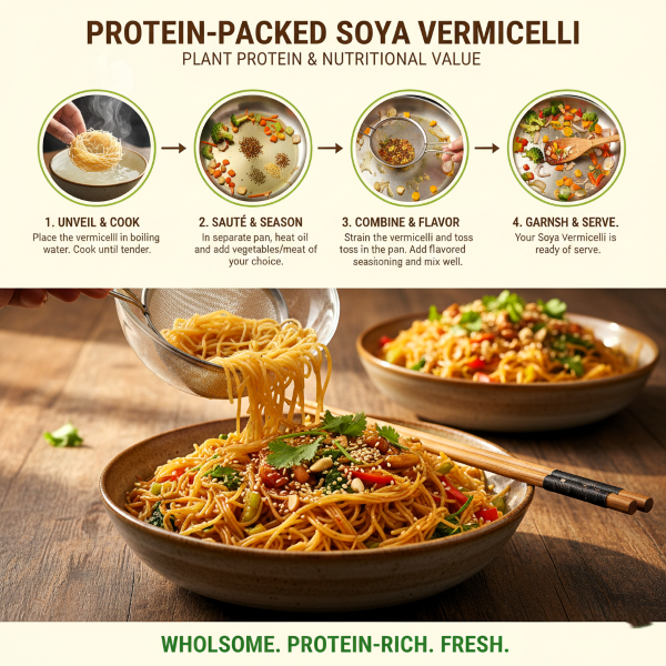 SOYA VERMICELLI image explaning how to cook magizham soya Vermicelli in four step process.