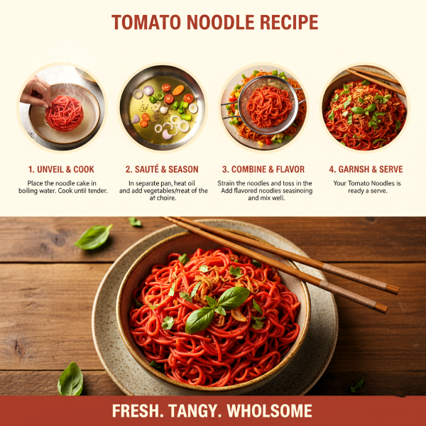 image explaning how to cook magizham tomato noodles in four step process