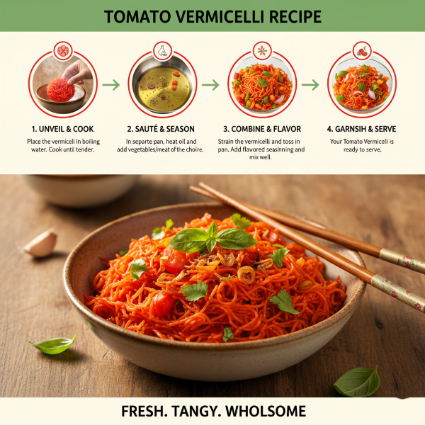 image explaning how to cook magizham tomato Vermicelli in four step process.