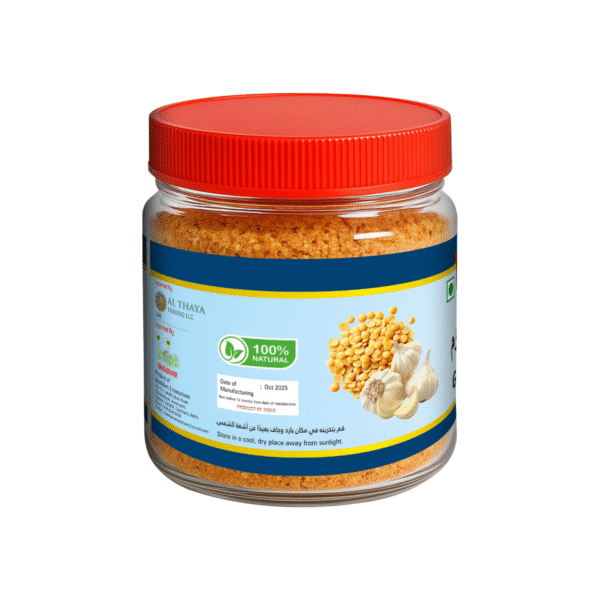 product image of magizham garlic dal podi with all the nutrition values.