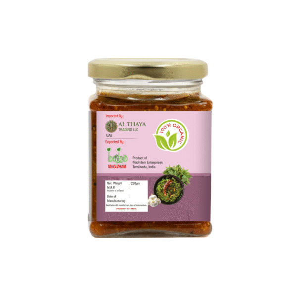 product image of magizham gongura and garlic thokku with all the nutrition values.
