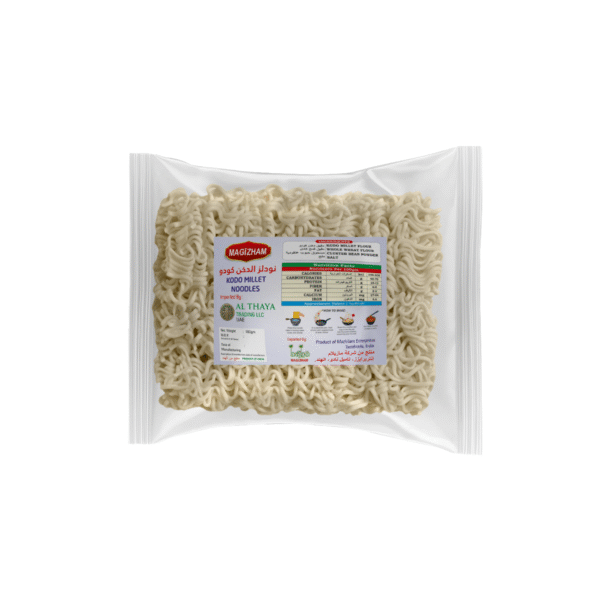 product image of magizham kodo millet noodles with all the nutrition values.
