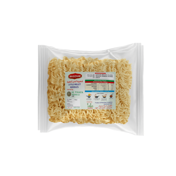 product image of magizham little millet noodles with all the nutrition values.