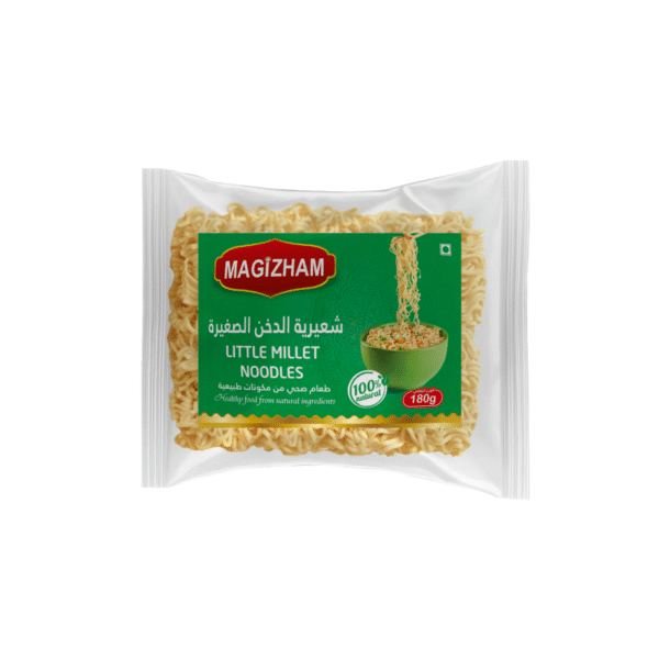product image of magizham little millet noodles with all the nutrition values.