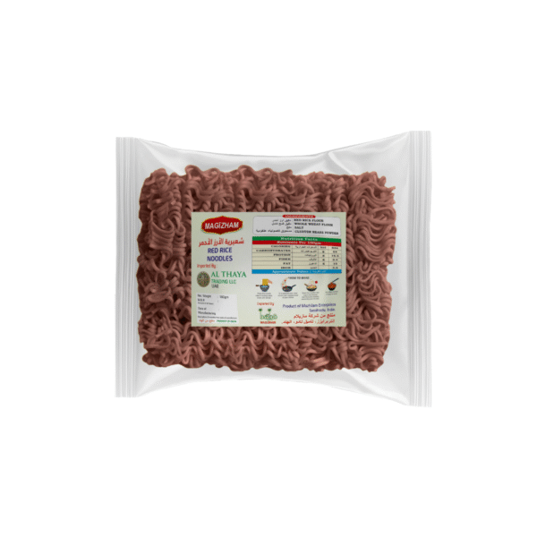 product image of magizham red rice noodles with all the nutrition values.
