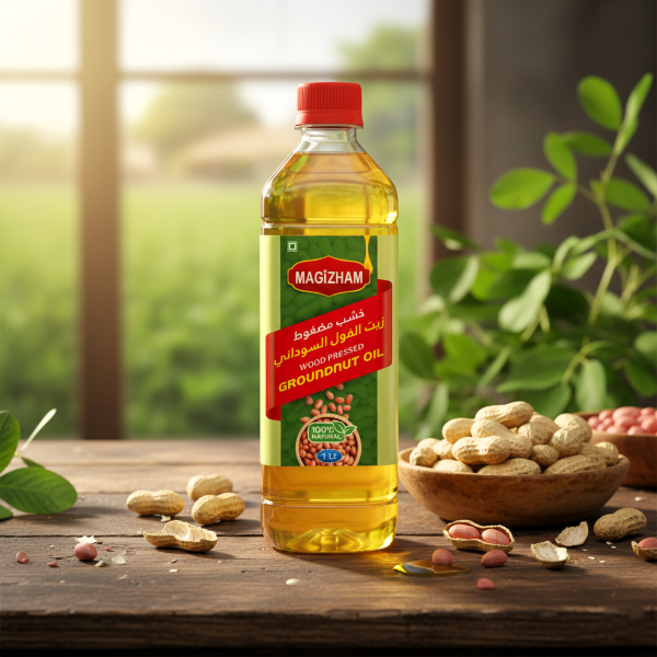 AI generated product image of magizham Wood pressed ground nut oil.