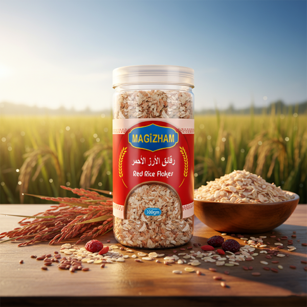 AI generated product image of magizham red rice flakes